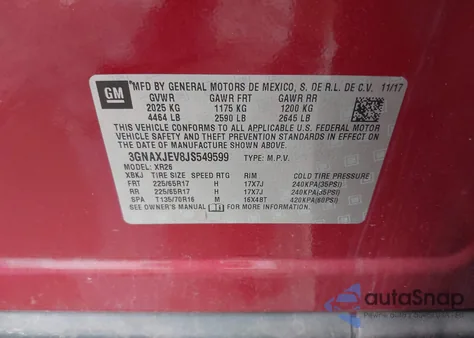 2018 Chevrolet Equinox Lt z USA, uszkodzony, nr VIN 3GNAXJEV8JS549599